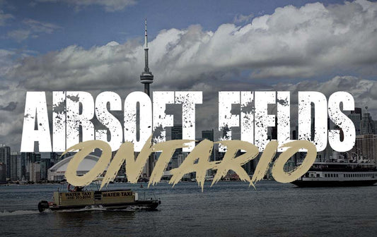 City skyline of Ontario with text Airsoft Fields Ontario promoting airsoft field Ontario locations