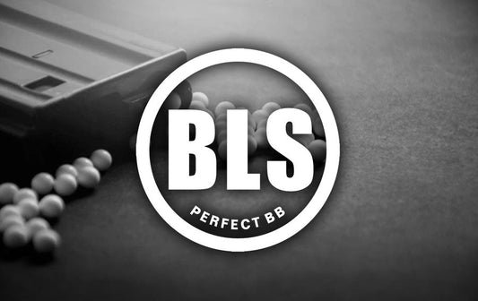 Close-up of BLS bbs spilling from a container with BLS logo overlay promoting precision airsoft BBs