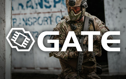 Tactical airsoft player in camouflage holding rifle with GATE logo overlay promoting Gate mosfet products