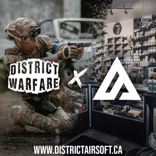 evenements airsoft avec joueur en tenue tactique et boutique d'équipements airsoft à DistrictAirsoft.ca