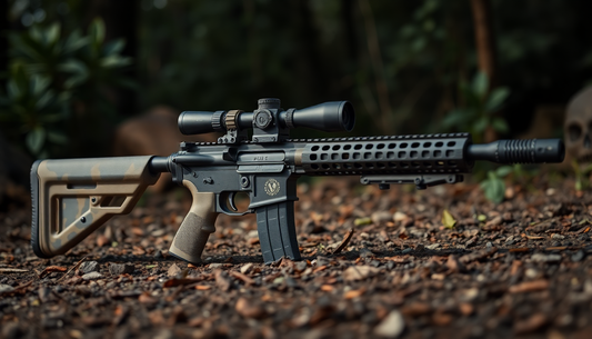 Black and tan beginner airsoft gun with scope lying on forest floor with leaves