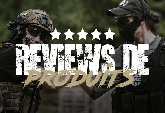 Two airsoft players in tactical gear with five star rating and airsoft review text overlay