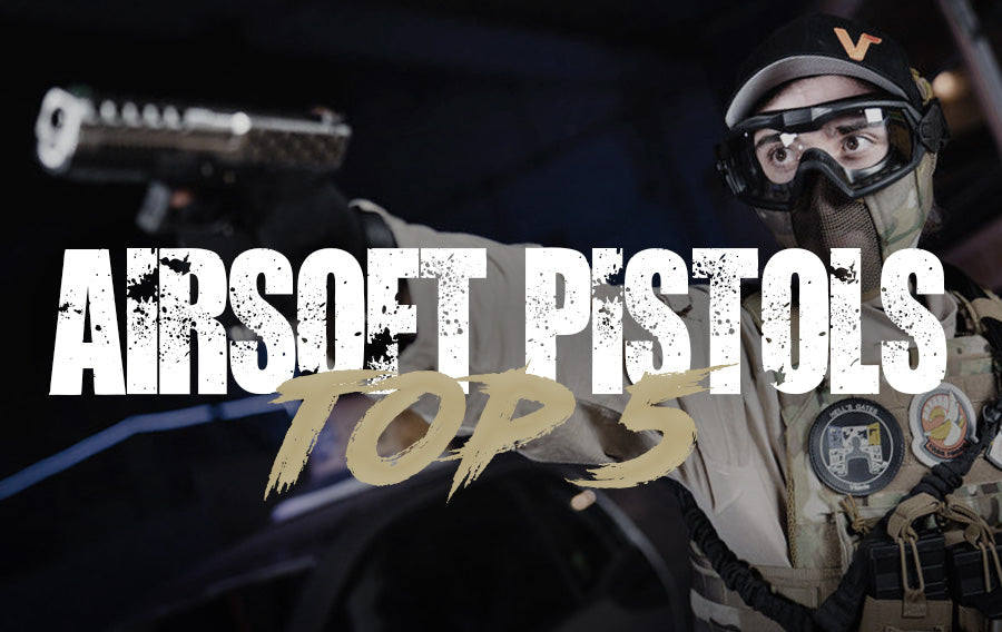 Airsoft pistols with soldier holding gun representing the top 5 pistol choices for airsoft players