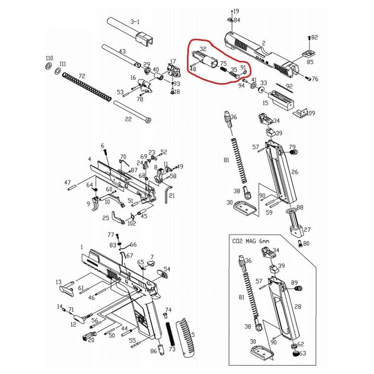 Exploded parts diagram showing ASG loading nozzle for CZ P-09 GBB highlighted in red for replacement ordering