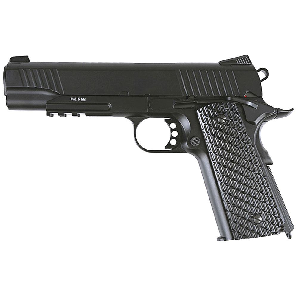 KWC M1911 black 1911 style pistol right side profile with textured grips and accessory rail