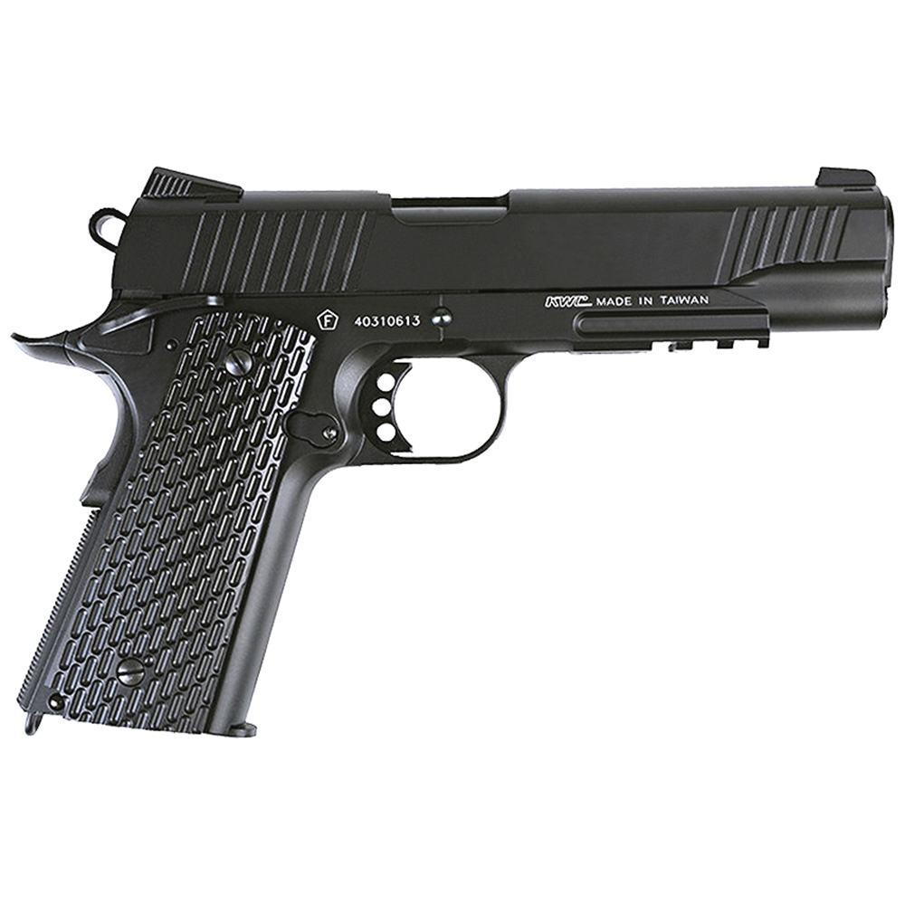 KWC M1911 black full size 1911 style pistol with textured grip and accessory rail