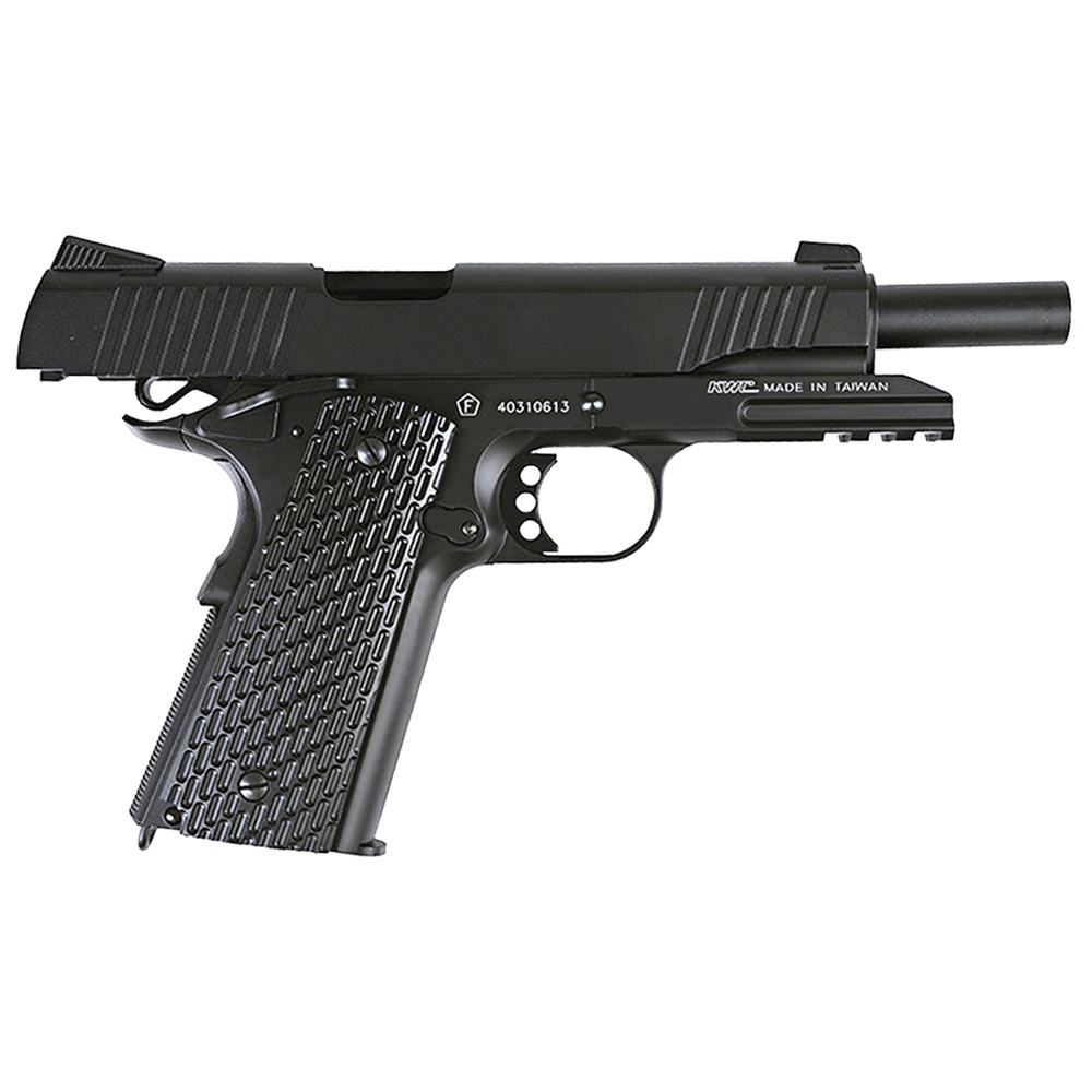 KWC M1911 black metal pistol with textured grip and accessory rail side view for target shooting