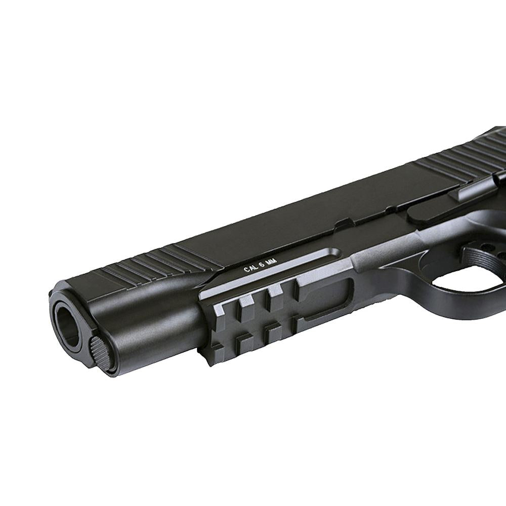 KWC M1911 black metal pistol front view with accessory rail and textured slide for tactical use