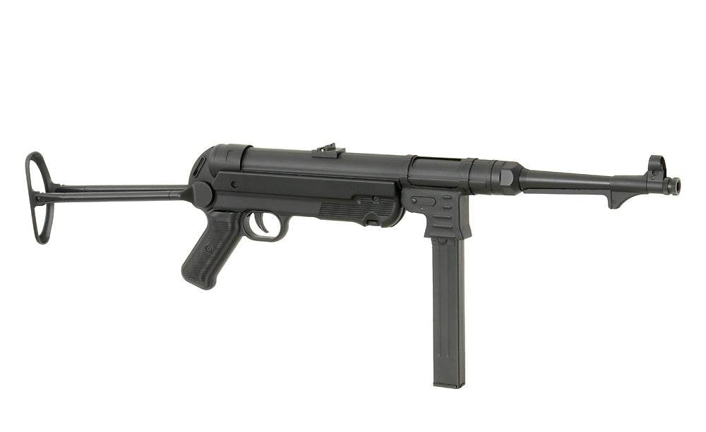 Réplique AEG AGM MP40 noire avec crosse pliante et chargeur long pour tir airsoft