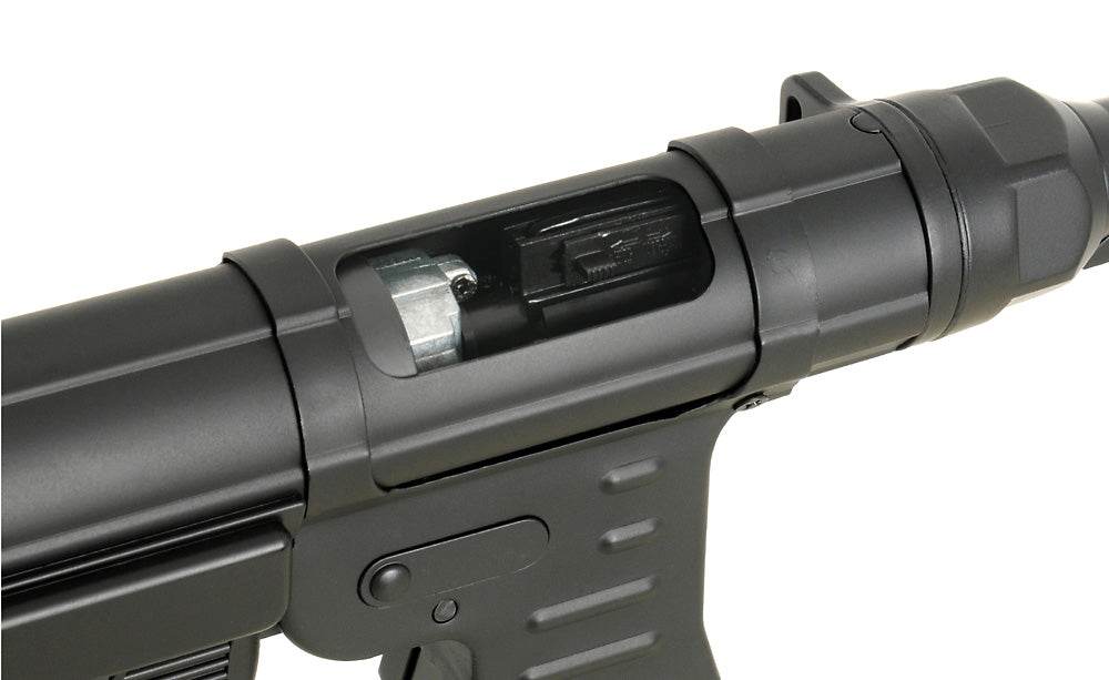Détail du mécanisme interne d'une réplique AGM mp40 AEG en métal noir