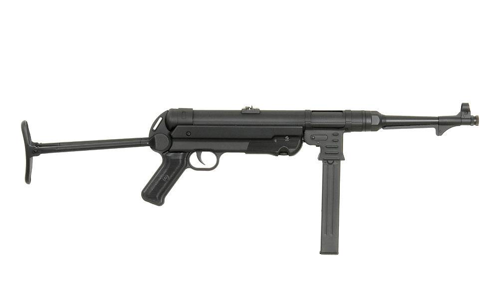 Réplique de pistolet mitrailleur AGM MP40 AEG noire avec crosse repliable et chargeur long