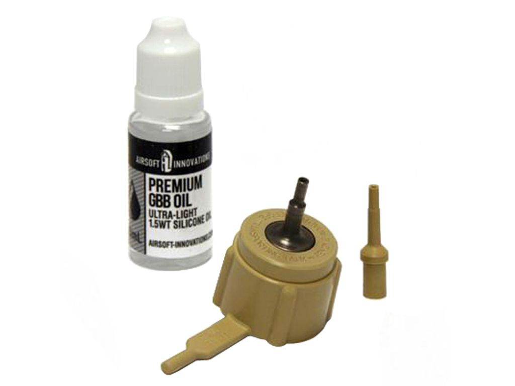 AIRSOFT INNOVATION airsoft propane adapter kit with tan adapter nozzle and premium GBB silicone oil bottle