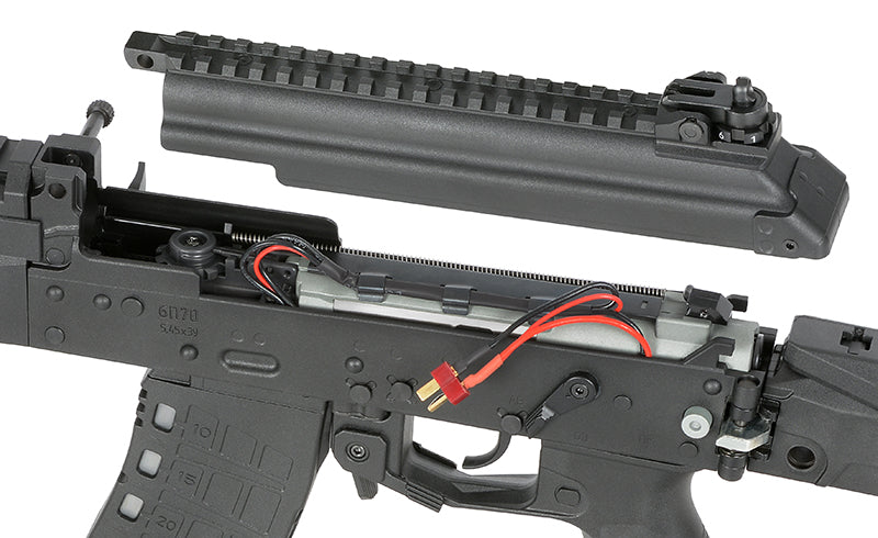 WELL PRO ak12 airsoft AEG electric gun with open top cover showing internal wiring and gearbox