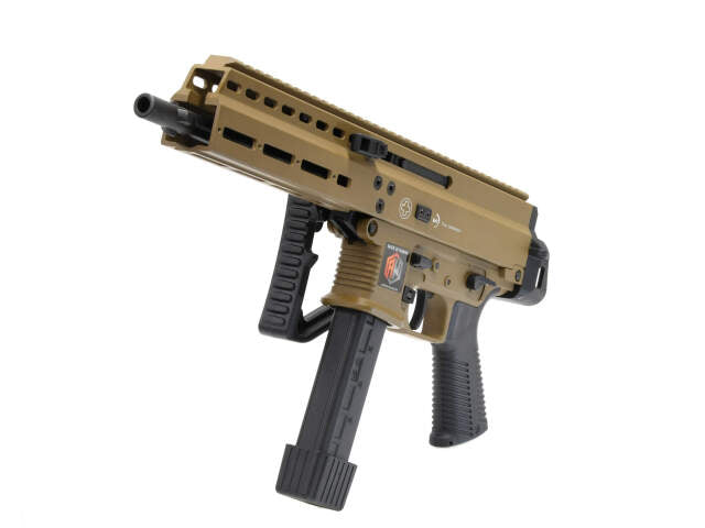 ARCHWICK B&T GBBR apc9 tan airsoft gun with black grip and extended magazine