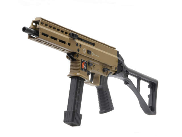 ARCHWICK B&T apc9 tan airsoft GBBR with folding stock and extended magazine in tan color