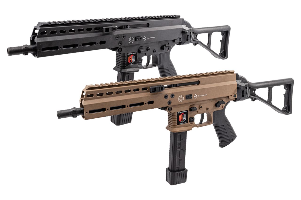 ARCHWICK B&T GBBR in black and tan with apc9 tan airsoft model featuring a folding stock