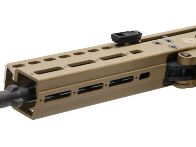 Close-up of tan handguard and barrel of ARCHWICK B&T apc9 tan airsoft gas blowback rifle