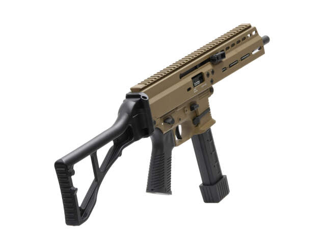 ARCHWICK B&T GBBR apc9 tan airsoft gun with black stock and magazine in tan finish