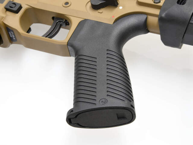 ARCHWICK B&T GBBR pistol grip close-up on apc9 tan airsoft replica for realistic handling