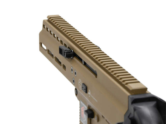 Close-up of tan APC9 tan airsoft rifle upper receiver with detailed rail and controls