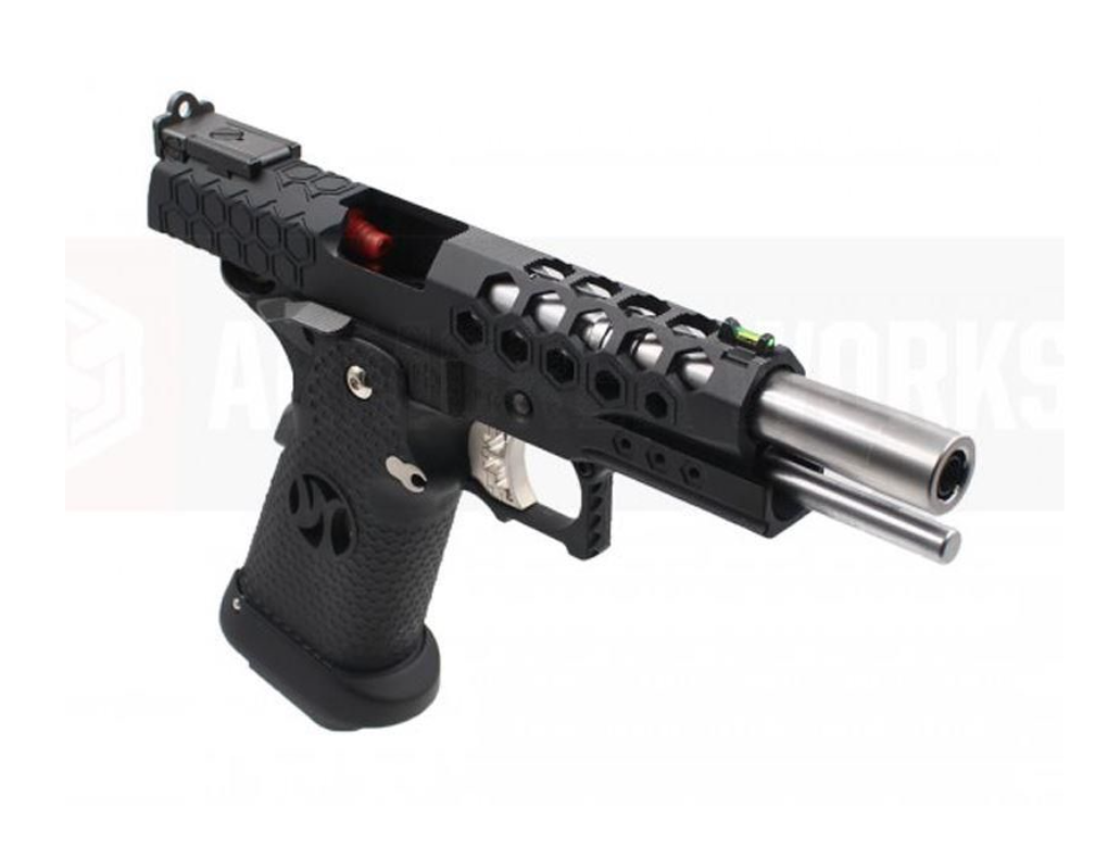 Armorer work 5.1 black pistol with hexagonal cutout slide and stainless steel barrel