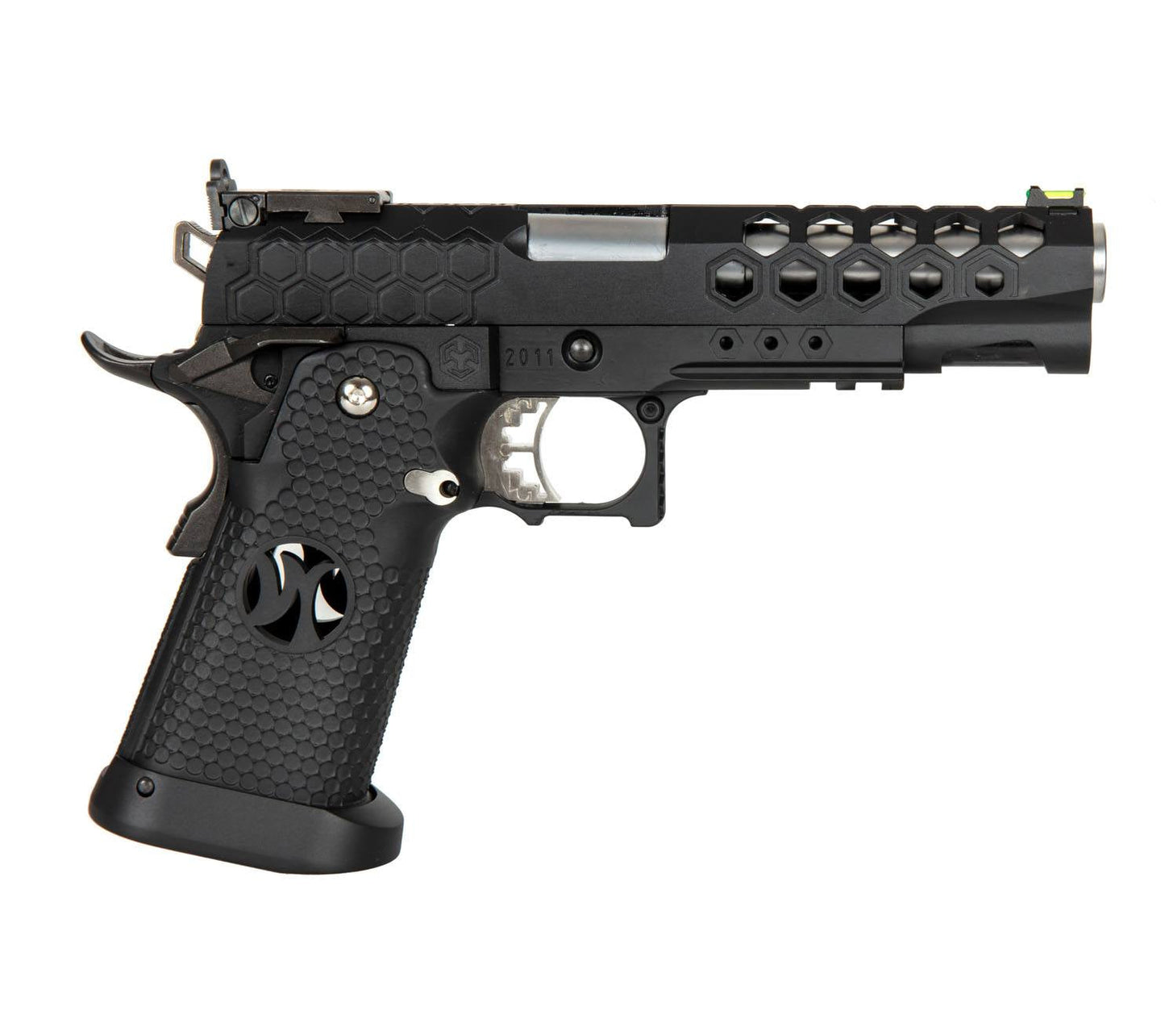 Black Armorer Work 5.1 Pistolet with hexagonal cutouts and textured grip by ARMORERWORKS