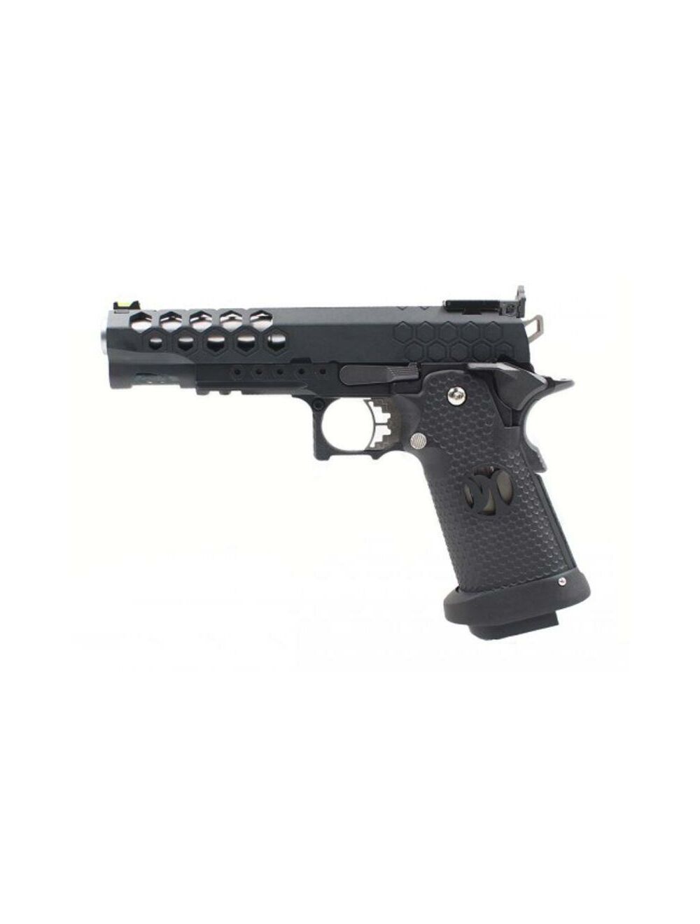 Armorer Works 5.1 black pistol with honeycomb barrel vents and textured grip by ARMORERWORKS