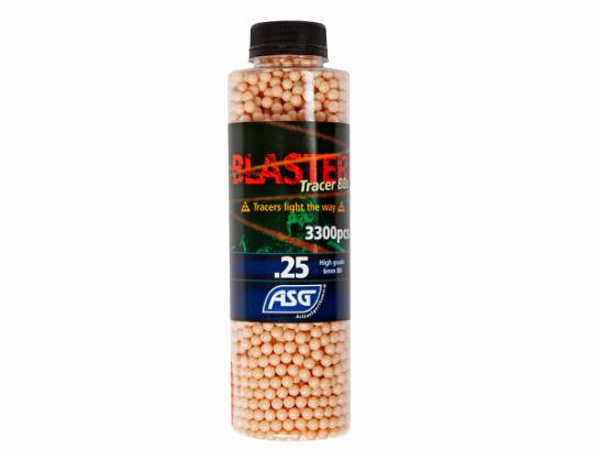 ASG bottle of 3300 0.25g tracer airsoft BBs in orange glow for night shooting and consistent accuracy
