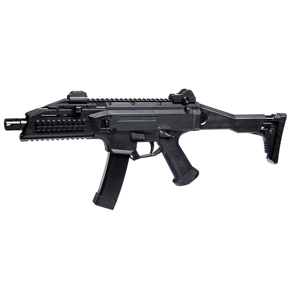 ASG Scorpion EVO 3 A1 airsoft gun black AEG with folding stock top rails tactical foregrip and curved magazine for CQB