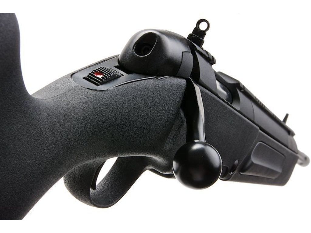 Close-up of ASG STEYR SCOUT sniper rifle black bolt action and textured grip