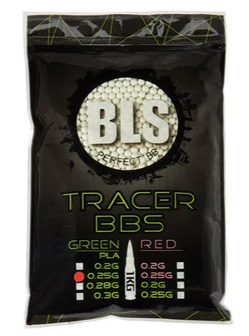 BLS tracer BBs 1kg black resealable bag with visible white tracer BBs BLS logo and weight options