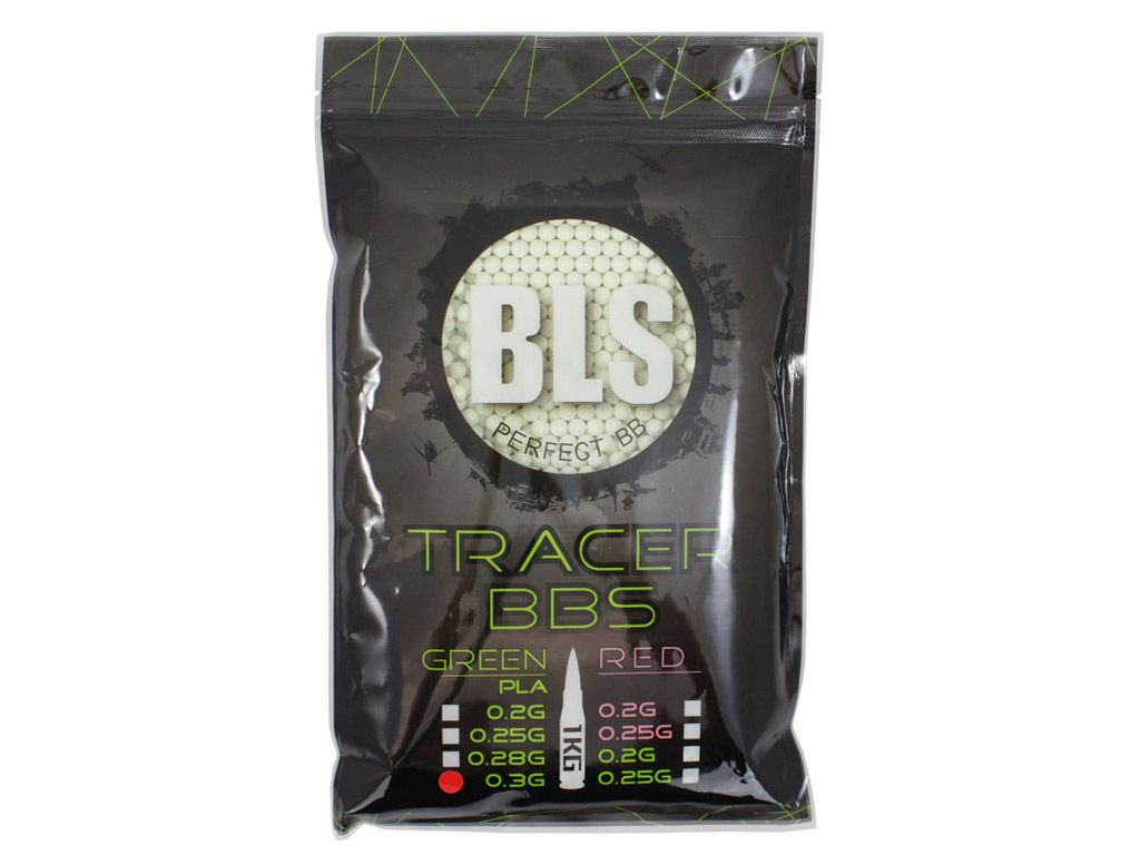 BLS tracer BBs 1kg black resealable bag with BLS logo showing white tracer pellets for airsoft consumables