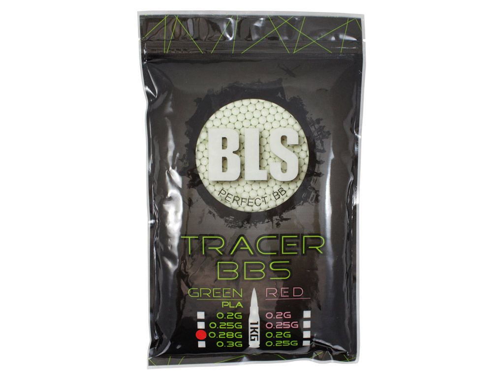 BLS tracer BBs 1kg black resealable pouch showing BLS logo and tracer BB sizes and green red color options