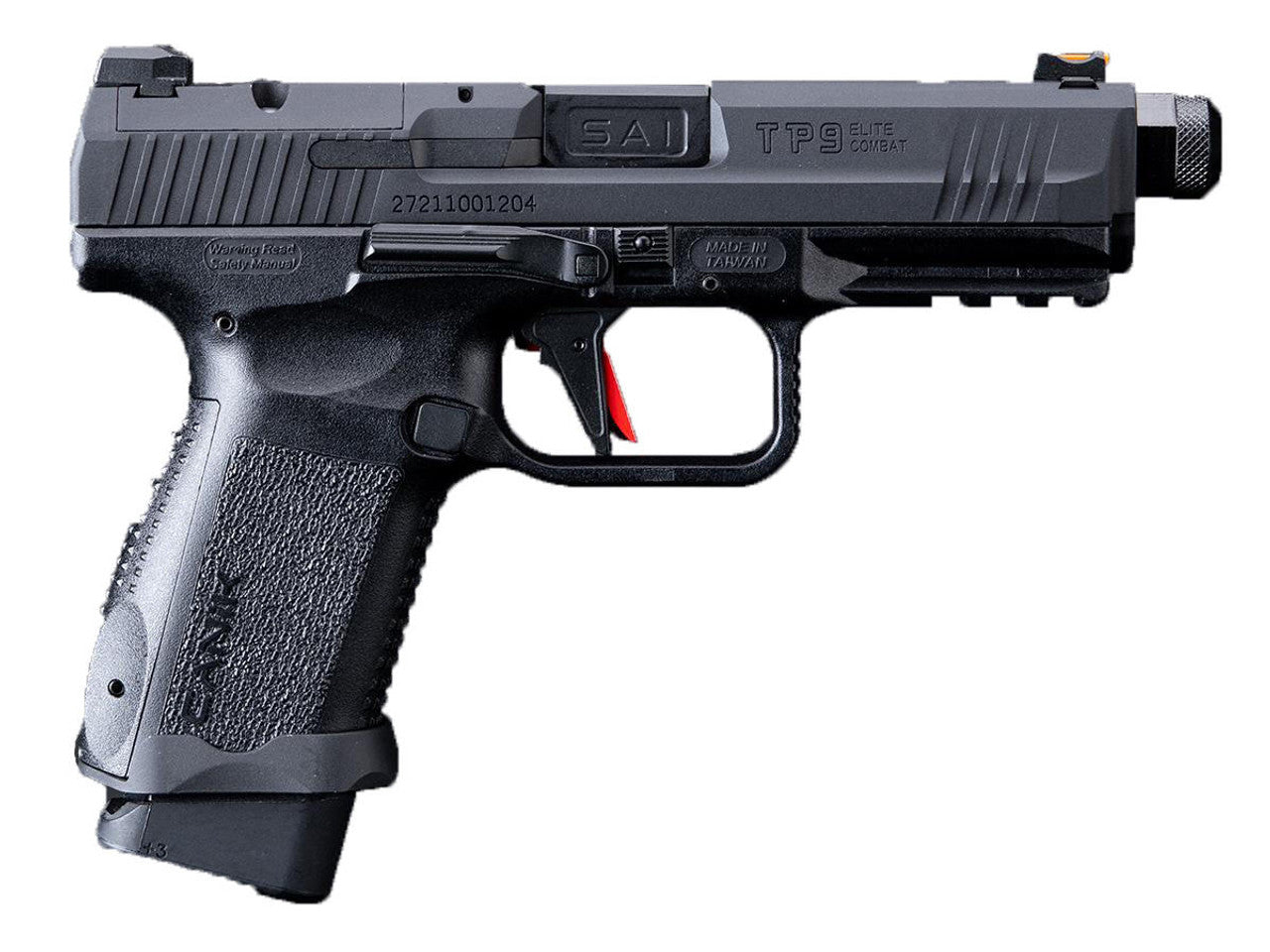 CYBERGUN CANIK TP9 TAN GBB AIRSOFT black airsoft pistol with textured grip and orange front sight