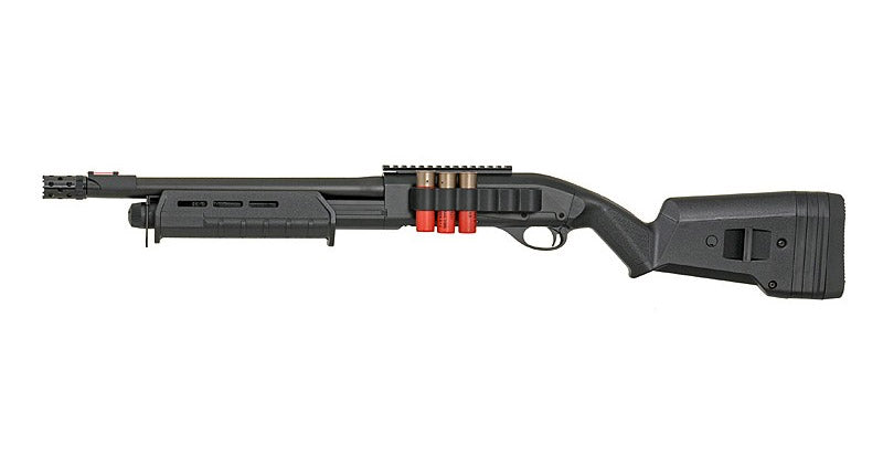 CYMA M870 MP CM 356M airsoft shotgun black pump action with side shell holder and adjustable stock