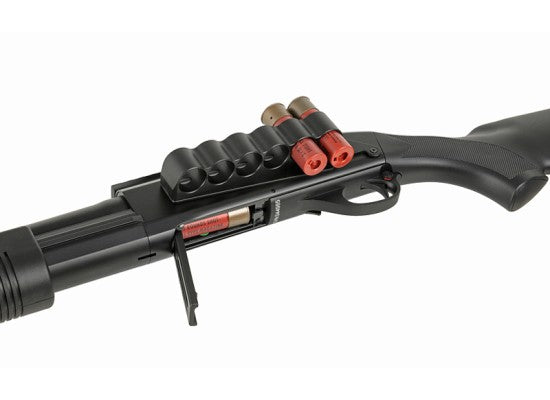 CYMA M870 MP CM 356M airsoft shotgun black pump action close up showing shell holder and loaded red shells