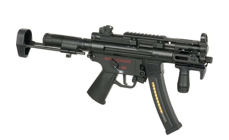CYMA Platinum MPA PDW airsoft gun AEG replica in black with folding stock vertical foregrip and clear BB magazine