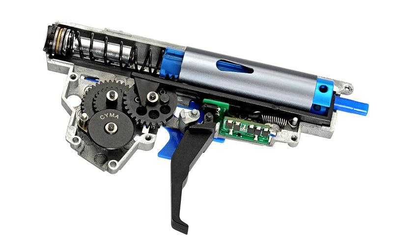 CYMA Platinum MPA PDW airsoft gun internal AEG gearbox showing gears piston spring cylinder and electronic trigger board