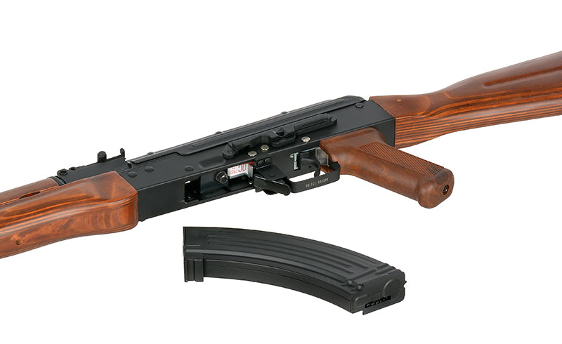 Double Bell AKM airsoft rifle AEG with wooden stock and handguard shown with detached curved magazine