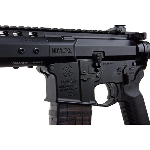 EMG NOVESKE N4 black airsoft rifle lower receiver close up with NOVESKE logo selector and translucent magazine