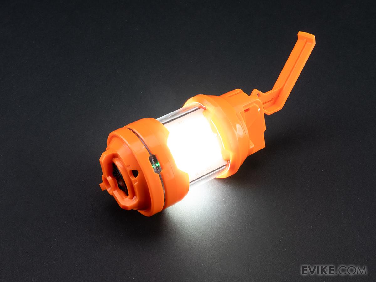 T238 GRENADE bright orange tactical grenade with built-in LED light on black background