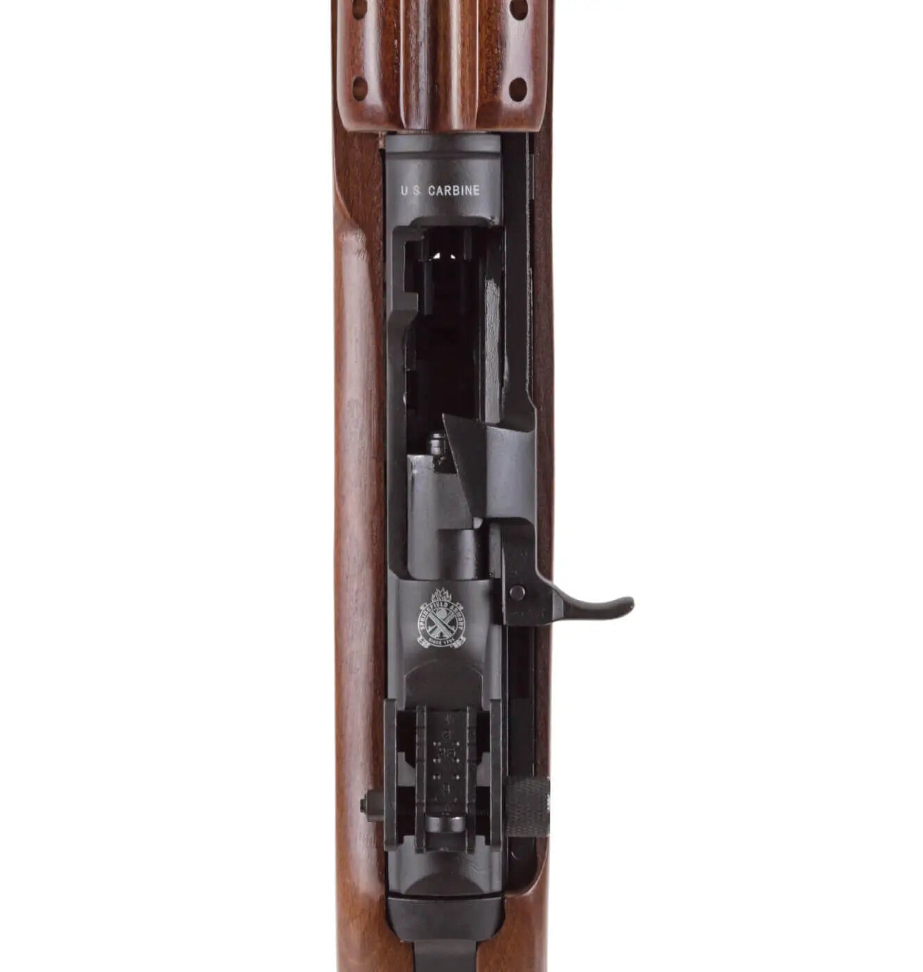 Détail du mécanisme interne du fusil airsoft CO2 Springfield avec crosse en bois