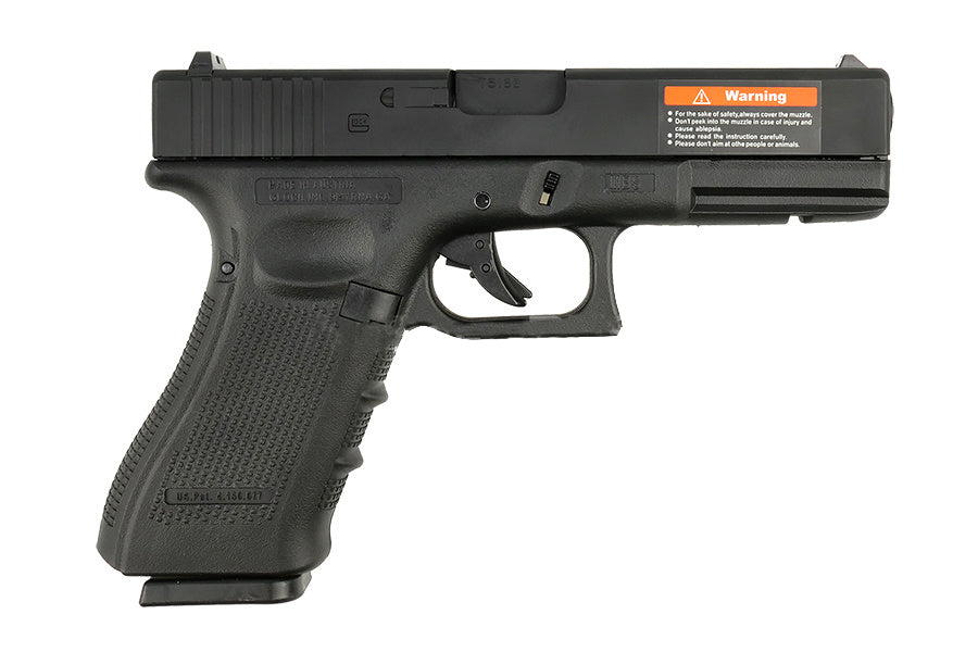 E&C black G17 gen 4 gbb airsoft pistol with textured grip and realistic slide design