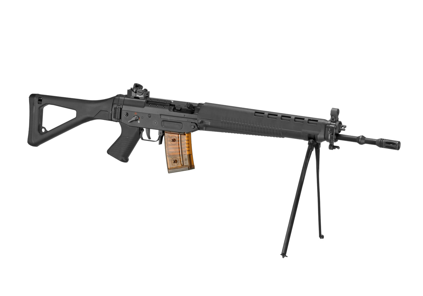 G&G SIG SG550 airsoft rifle AEG with black polymer body folding stock bipod and translucent tan magazine