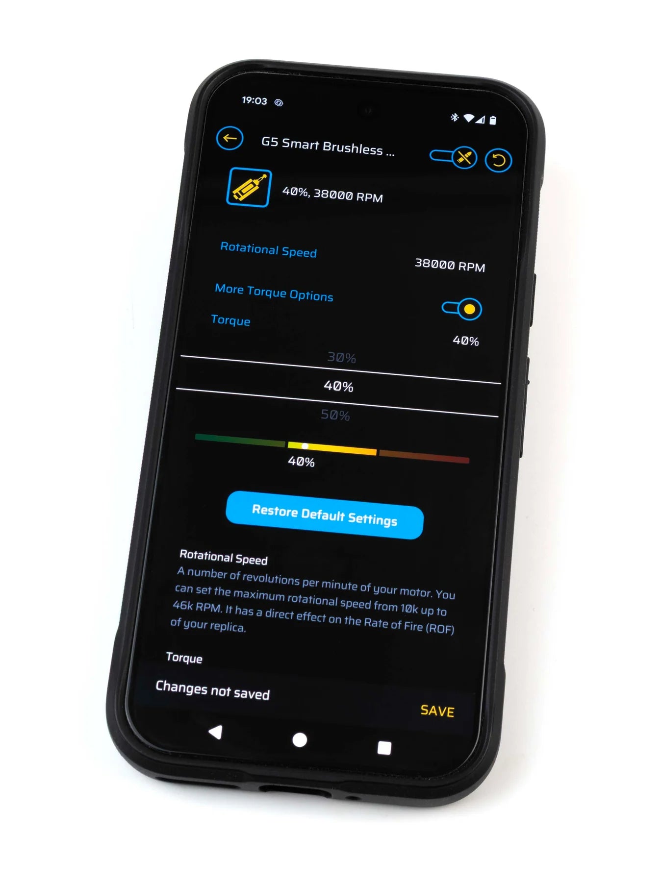 Écran de smartphone affichant l'application GATE G5 pour contrôler la vitesse et le couple du moteur