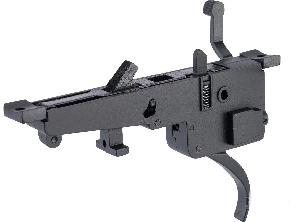 MATRIX internal metal trigger assembly for airsoft VSR-10 trigger upgrade showing sear spring and curved trigger