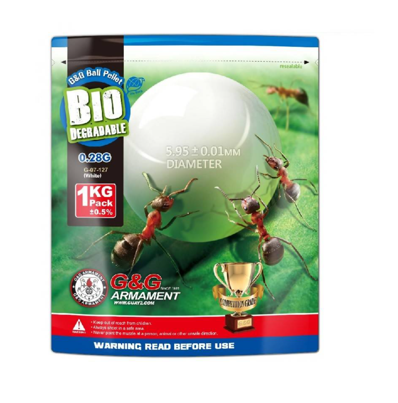 G&G BIO biodegradable airsoft BBs 1kg white 0.28g pack packaging with ant graphics and 5.95 mm diameter label
