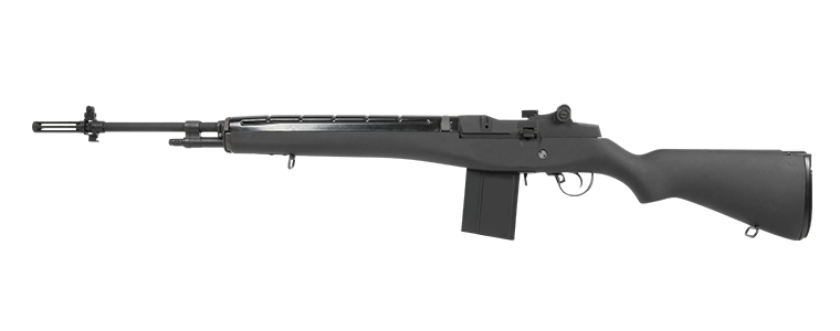 G&G GR14 M14 AEG AIRSOFT rifle with black stock and metal barrel against black background