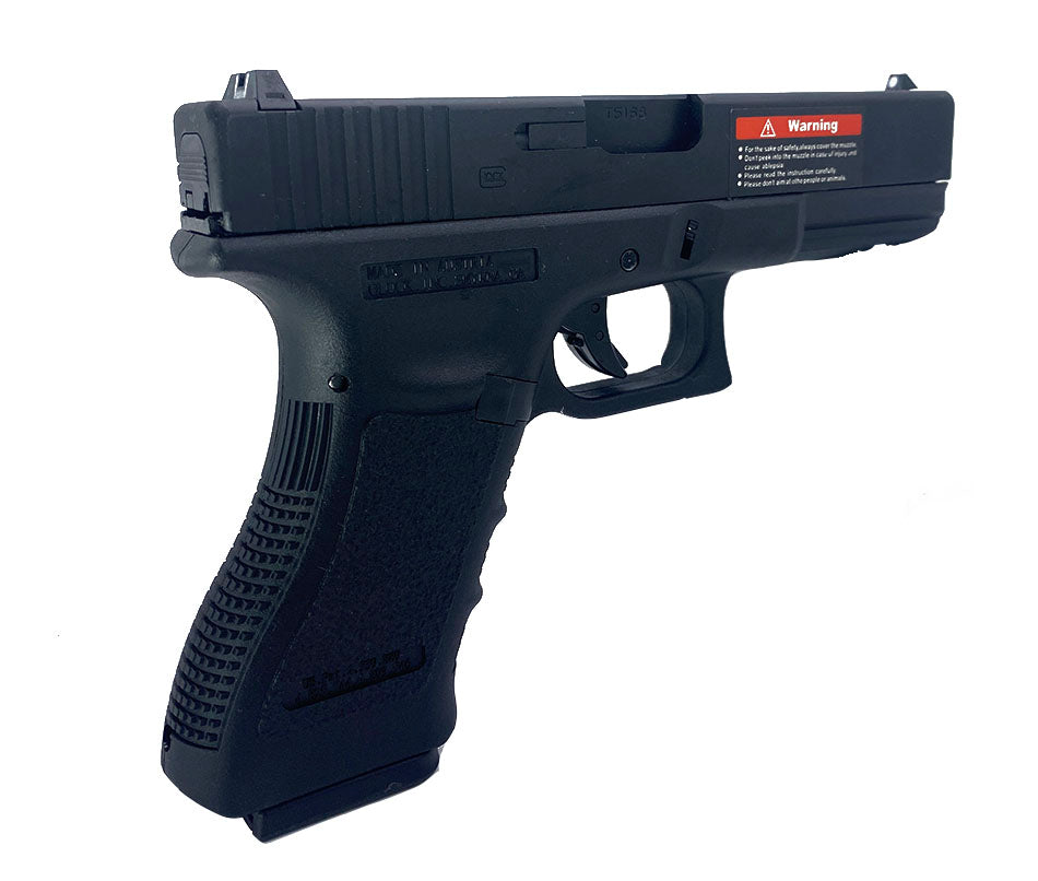 E&C glock 18 gen 3 airsoft pistol in black with textured grip and warning label on slide