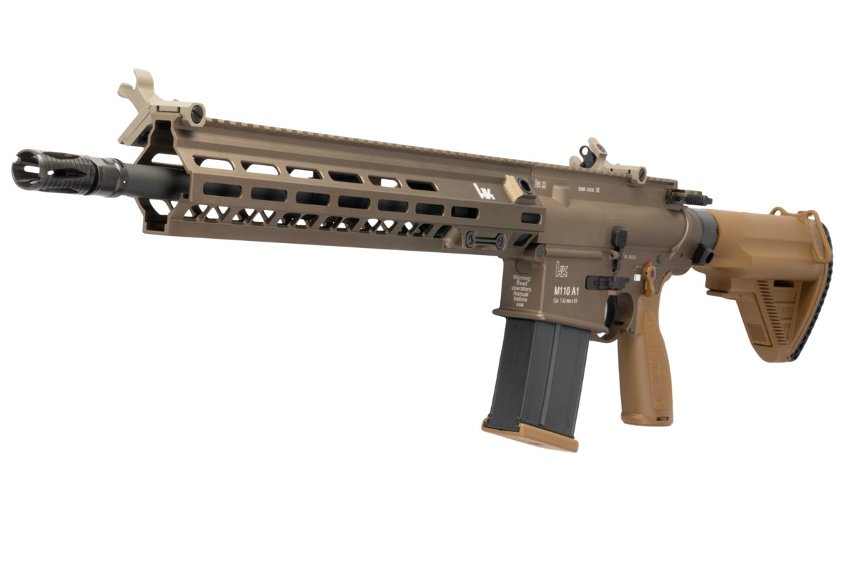 VFC M110 GBB airsoft rifle in tan with detailed handguard and adjustable stock